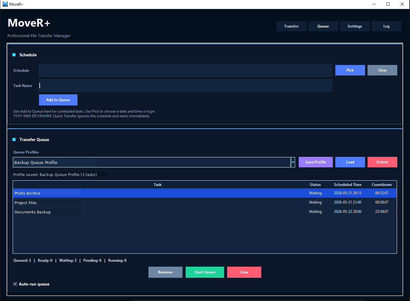 MoveR+ transfer queue with scheduled tasks and auto-run queue option.