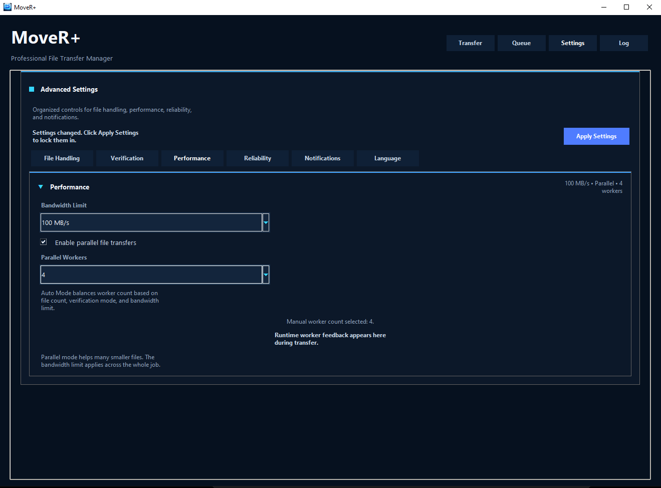MoveR+ advanced settings showing performance options.